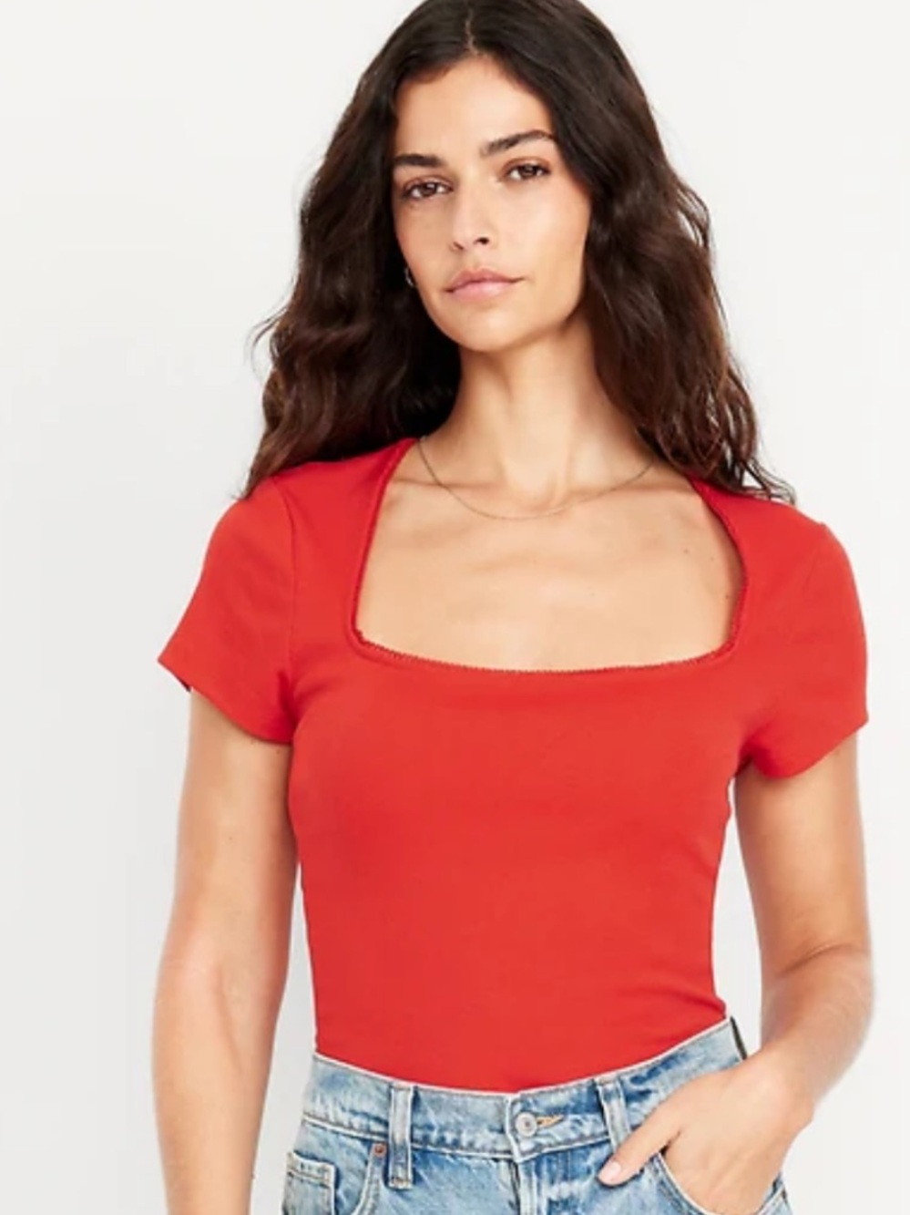 Old Navy Coral Red Square Neck Short Sleeve T Shirt Tee Size Large Fitted Casual